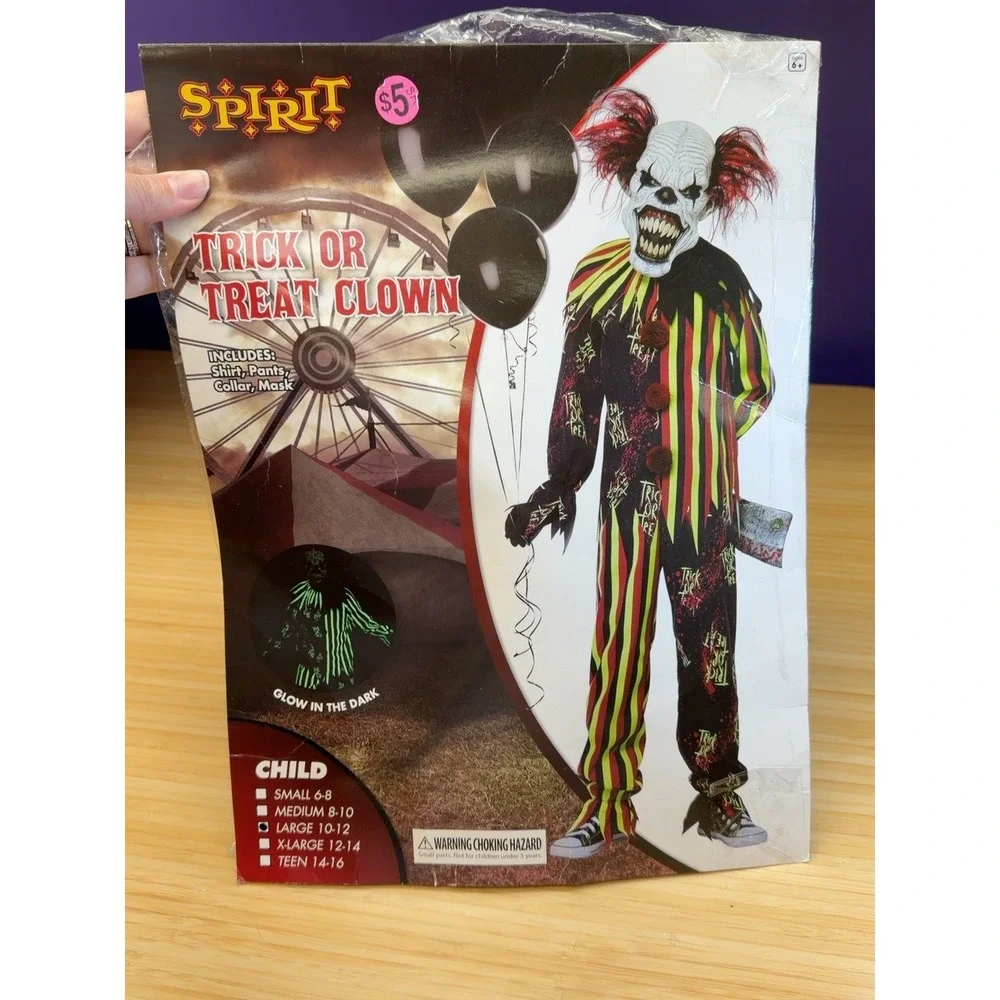 Spirit Trick or Treat Clown Costume Child L 10-12 Glow Mask Complete